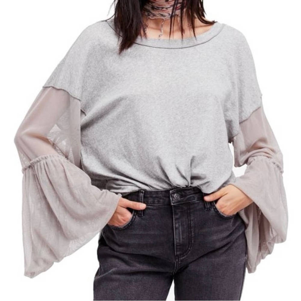 Free People Light Gray Mesh Sleeve Short Sleeve Top - Picture 3 of 8